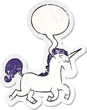 Tek boynuzlu at çizgi filmi, konuşma baloncuğu bir insan tarafından çizilmiş sıkıntılı eski bir çıkartma.