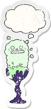 Düşünce baloncuğu ve insan tarafından çizilmiş yıpranmış bir çıkartma olan tuhaf bir Cadılar Bayramı iksiri bardağı.