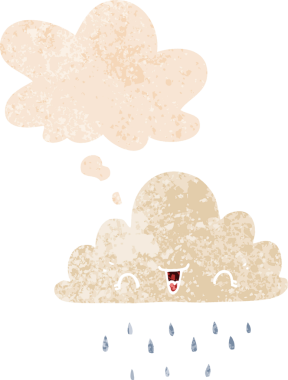 Düşünce baloncuklu çizgi film fırtına bulutu grunge sıkıntılı retro dokuma tarzı bir insan tarafından çizilmiş