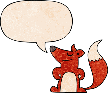 Konuşma baloncuğu olan çizgi film tilkisi, bir insan tarafından çizilmiş geçmiş doku tarzıyla.