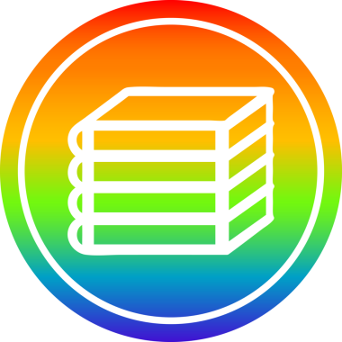 Bir insan tarafından çizilmiş gökkuşağı gradyanı olan bir yığın kitap.