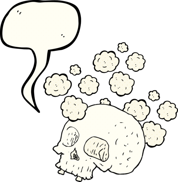 El yazısıyla çizilmiş çizgi roman konuşma balonu. Bir insan tarafından çizilmiş eski kafatası.