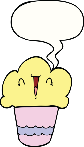 Bir insan tarafından çizilmiş, yüzü konuşma baloncuğu olan bir kek.