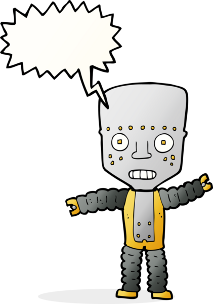 Bir insan tarafından çizilmiş konuşma balonu olan çizgi film robotu.