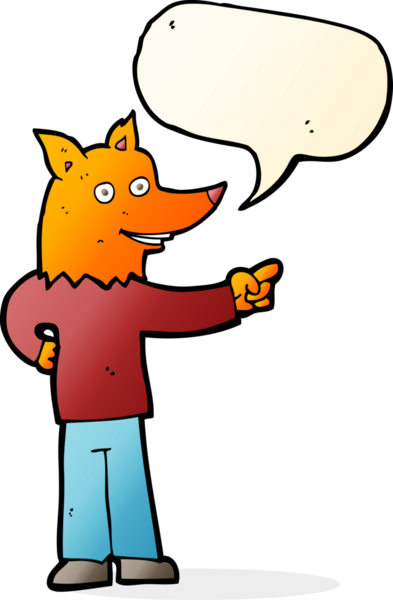 Bir insan tarafından çizilmiş konuşma balonuyla işaret eden tilki adam.