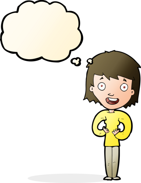 Bir insan tarafından çizilmiş düşünce balonlu mutlu kadın çizgi filmi.