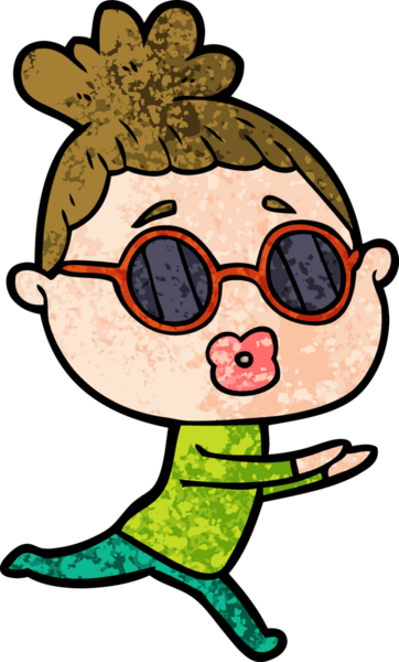 Bir insan tarafından çizilmiş güneş gözlüğü takan çizgi film kadını.