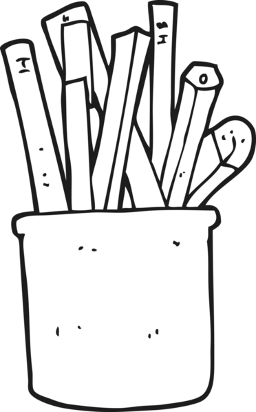 Bir insan tarafından çizilmiş kalem ve kalemlerden oluşan siyah beyaz bir karikatür masası.