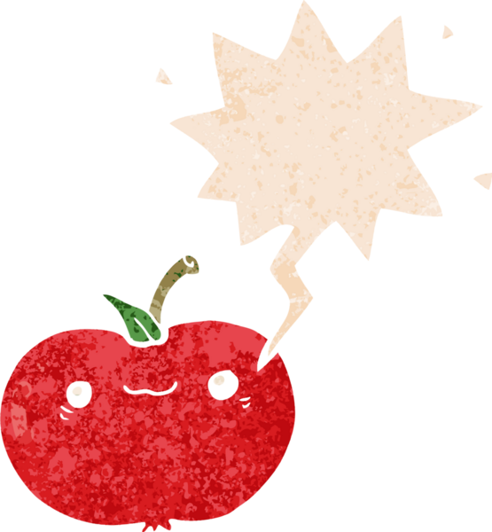 grunge ile konuşma balonu ile çizgi film elma sıkıntılı retro stil bir insan tarafından çizilmiş