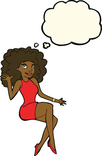 Bir insan tarafından çizilmiş düşünce baloncuğuyla el sallayan çizgi film kadını.