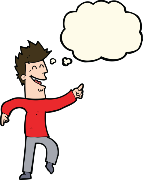 Çizgi filmci bir insan tarafından çizilmiş düşünce balonuyla gülüyor ve işaret ediyor.