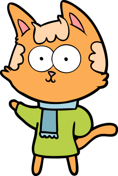 Bir insan tarafından çizilmiş kışlık giysiler içindeki mutlu çizgi film kedisi.