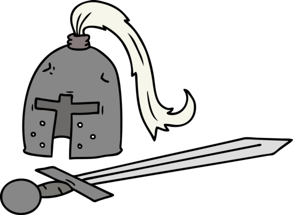 Bir insan tarafından çizilmiş ortaçağ miğferi ve kılıç karalaması.