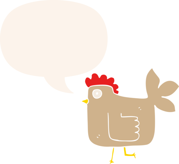 Bir insan tarafından çizilmiş, konuşma baloncuklu çizgi film tavuğu.