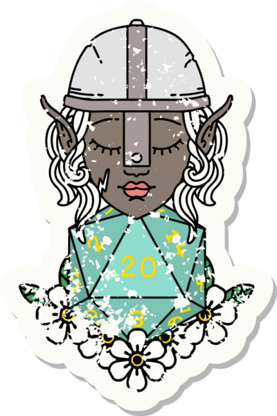 Retro Tattoo stili elf dövüşçüsü. Bir insan tarafından çizilmiş 20 zar ile.