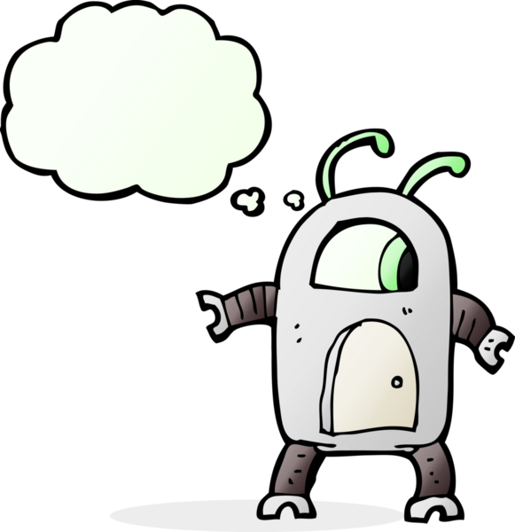 Bir insan tarafından çizilmiş düşünce baloncuklu uzaylı robot.