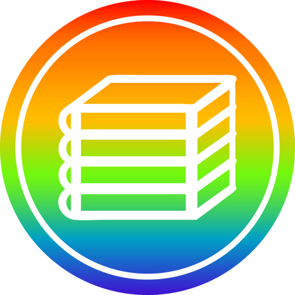 Bir insan tarafından çizilmiş gökkuşağı gradyanı olan bir yığın kitap.