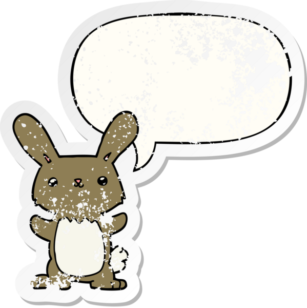 Konuşma baloncuğu olan sevimli çizgi film tavşanı bir insan tarafından çizilmiş sıkıntılı eski bir çıkartma