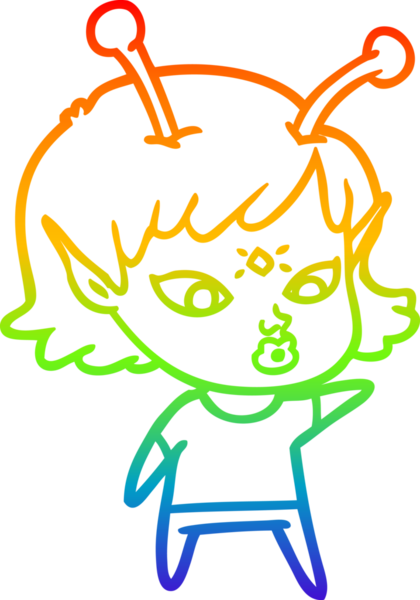 Gökkuşağı gradyan çizgisi bir insan tarafından çizilmiş güzel bir uzaylı kızın çizimi.