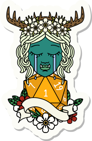 Ağlayan bir ork barbar karakterinin çıkartması. İnsan tarafından çizilmiş doğal bir D20 ruloyla.