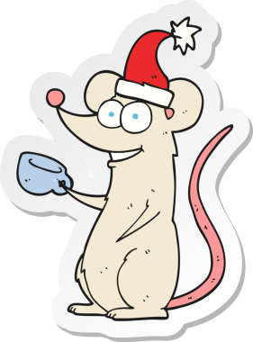 Bir insan tarafından çizilmiş Noel şapkası takan çizgi film faresinin çıkartması.