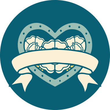 İkonik dövme stili bir kalp ve bir insan tarafından çizilmiş çiçekli pankart.