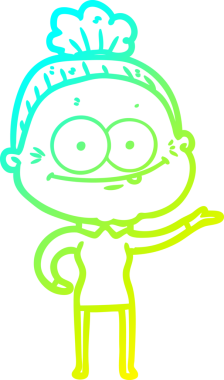 Bir insan tarafından çizilmiş, mutlu, yaşlı bir kadının çizimi.