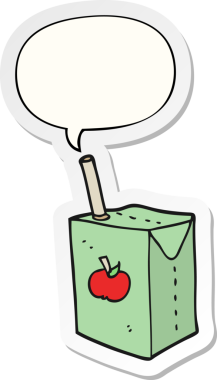 bir insan tarafından çizilmiş konuşma kabarcığı etiketli elma suyu kutusu.