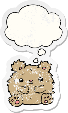 Düşünce baloncuğu olan sevimli çizgi film ayısı bir insan tarafından çizilmiş yıpranmış bir çıkartma gibi.