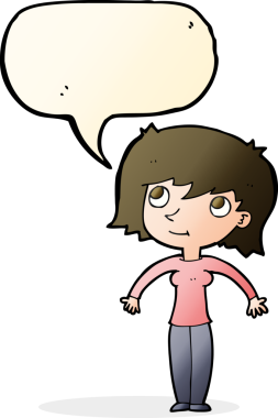 Bir insan tarafından çizilmiş bir konuşma balonuyla omuz silken karikatür kadın.