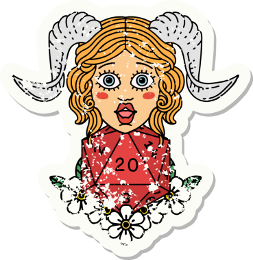 Bir insan tarafından çizilmiş doğal yirmilik zarla süslenmiş grunge çıkartması.