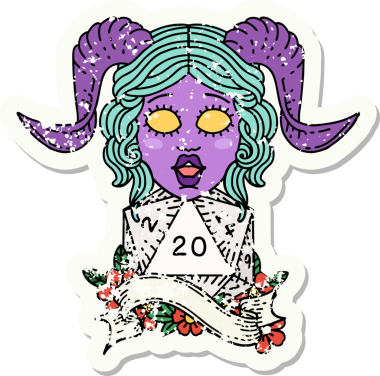 Bir insan tarafından çizilmiş doğal yirmilik zarla süslenmiş grunge çıkartması.