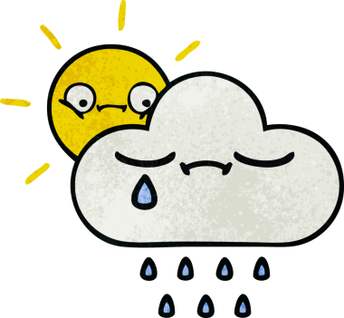 Bir insanın çizdiği güneş ışığı ve yağmur bulutunun retro grunge deseni.