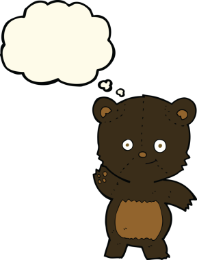 Bir insan tarafından çizilmiş düşünce balonlu siyah ayı sallayan çizgi film.