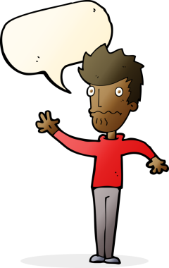 Çizgi filmdeki endişeli adam bir insan tarafından çizilmiş konuşma balonuyla uzanıyor.