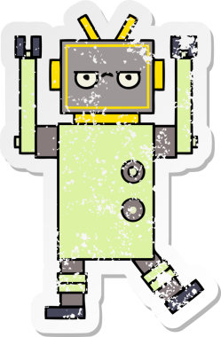 Bir insan tarafından çizilmiş sevimli bir robot çizgi film çıkartması.