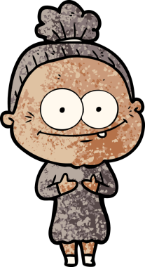 Bir insan tarafından çizilmiş mutlu yaşlı kadın çizgi filmi.