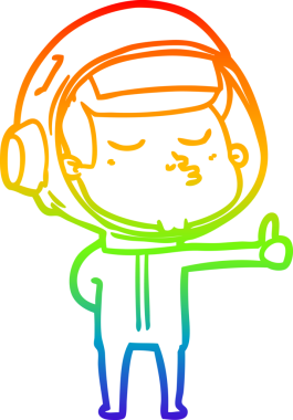 Gökkuşağı gradyan çizgi çizimi kendinden emin astronot bir insan tarafından başparmak işareti çiziyor.