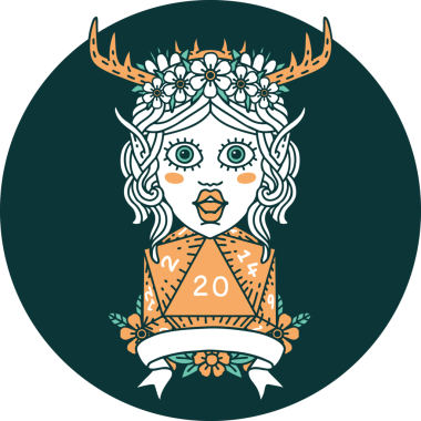 Bir insan tarafından çizilmiş doğal 20 zarlı Elf Druid karakteri simgesi