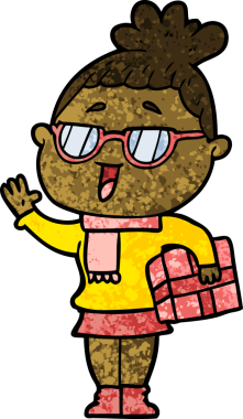 Bir insan tarafından çizilmiş gözlüklü mutlu kadın çizgi filmi.