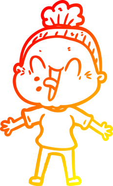 Bir insan tarafından çizilmiş mutlu, yaşlı bir kadının sıcak çizgi çizimi.