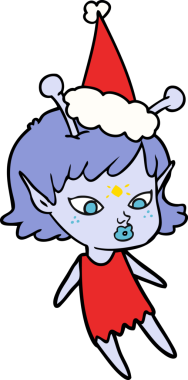 Güzel bir el çizimi. Bir insan tarafından çizilmiş Noel Baba şapkası takan uzaylı bir kız çizimi.