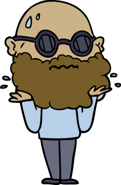 Bir insan tarafından çizilmiş sakallı ve güneş gözlüklü endişeli bir adam.