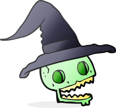 Bir insan tarafından çizilmiş bir cadı şapkası takan kafatası çizimi.