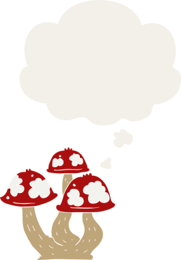 Düşünce baloncuğu olan karikatür mantarları insan tarafından çizilmiş.