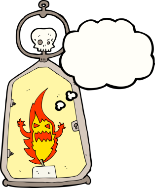 Bir insan tarafından çizilmiş düşünce baloncuklu karikatürlü ürkütücü fener.