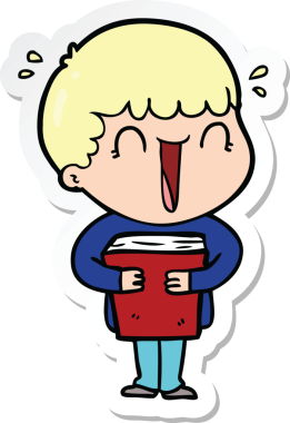 Bir insan tarafından çizilmiş kitabı tutan gülen bir karikatürcünün çıkartması.