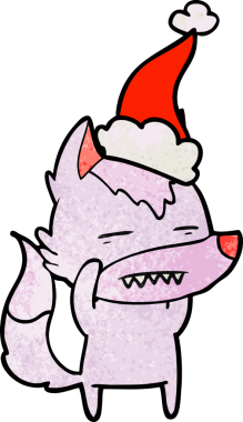 Bir insanın çizdiği Noel Baba şapkasını takan bir kurdun el çizimi karikatürü.