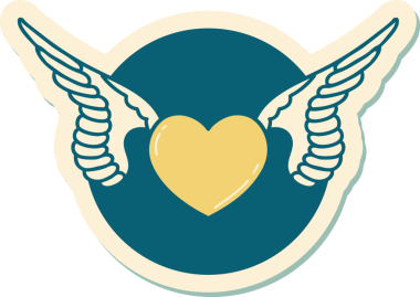 Bir insan tarafından çizilmiş kanatlı bir kalbin geleneksel stiliyle dövme çıkartması.