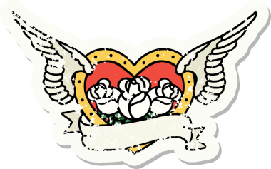 Geleneksel bir stil olan, çiçek ve pankart çizilmiş uçan kalp dövmesi.